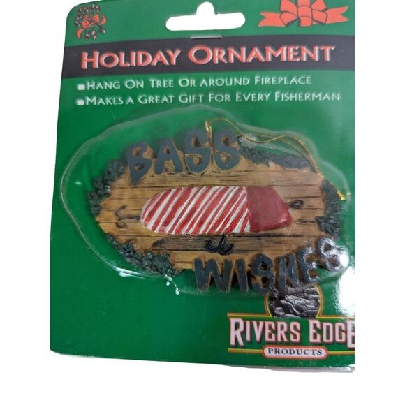 Rivers Edge Bass Wishes Ceramic Christmas Holiday Ornament Red White Fishing - Picture 2 of 3